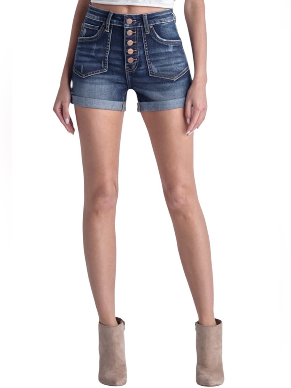 104. Risen Women’s Dark Wash High-Rise Button-Fly Denim Shorts